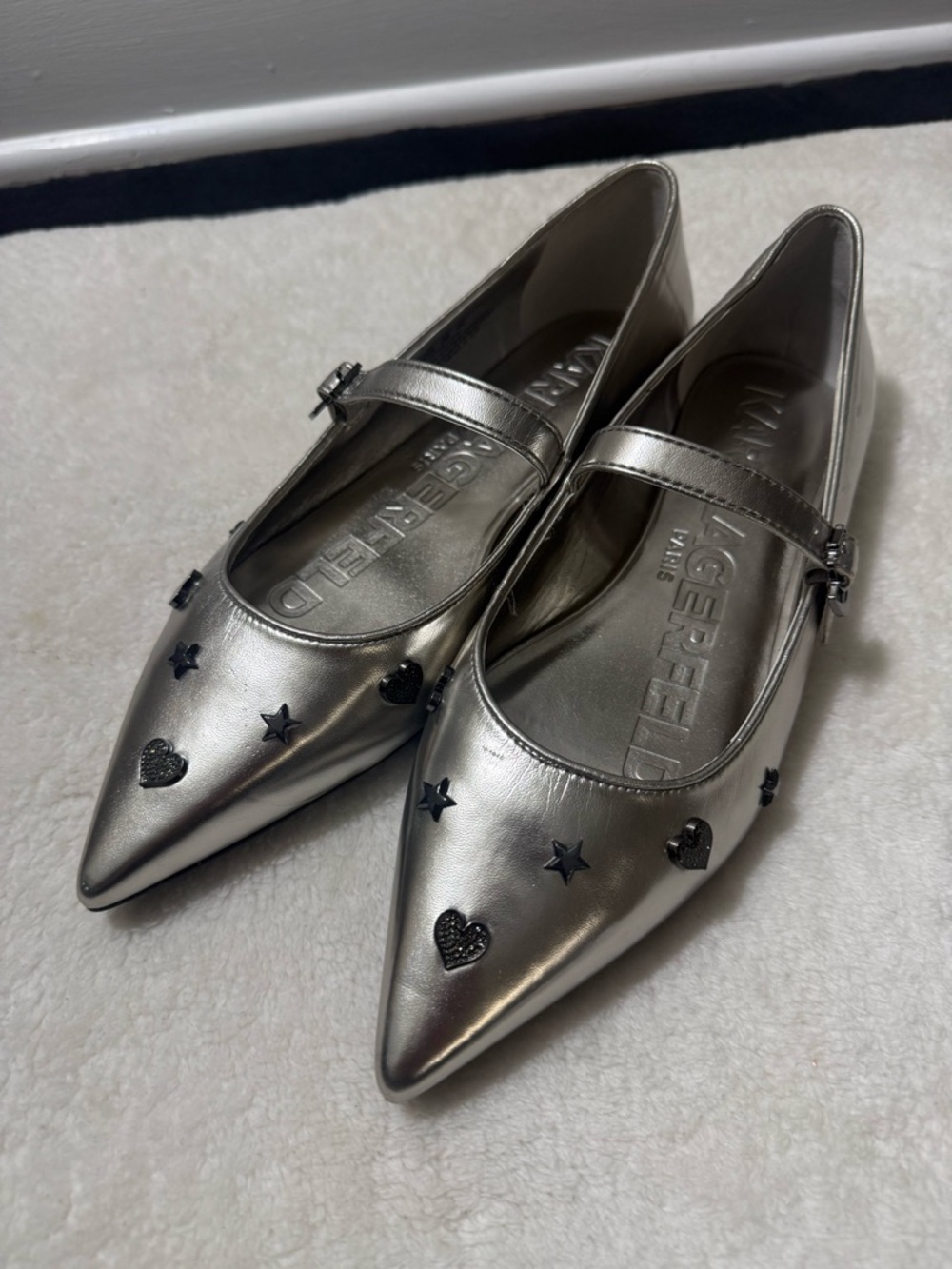 Karl Lagerfeld Silver Pointed Mary Jane Flats with Star & Heart Studs